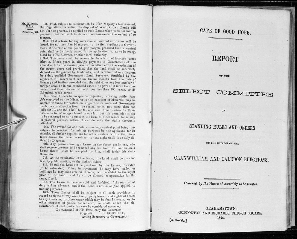 View document: Report of The Select Committee on The Clanwilliam and Caledon Elections, 1864.