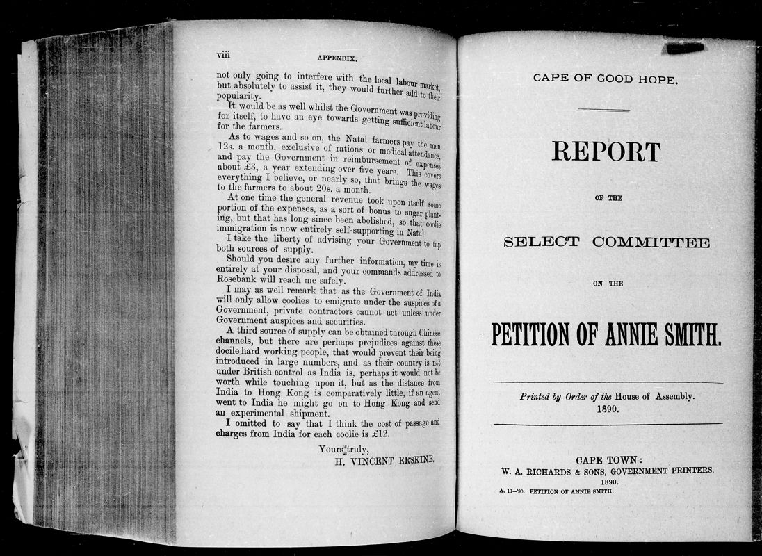 View document: Report of The Select Committee on The Petition of Annie Smith, 1890.