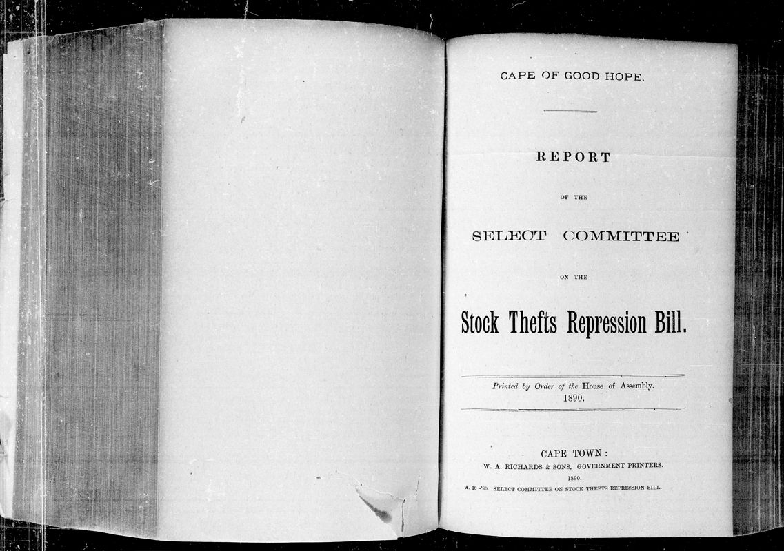 View document: Report of The Select Committee on The Stock Theft Impression Bill, 1890.