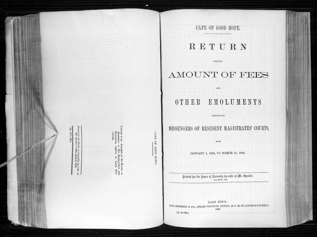 View document: Return Showing Amount of Fees And Other Emoluments Received By Messengers of Resident Magistrates Courts, 1865.