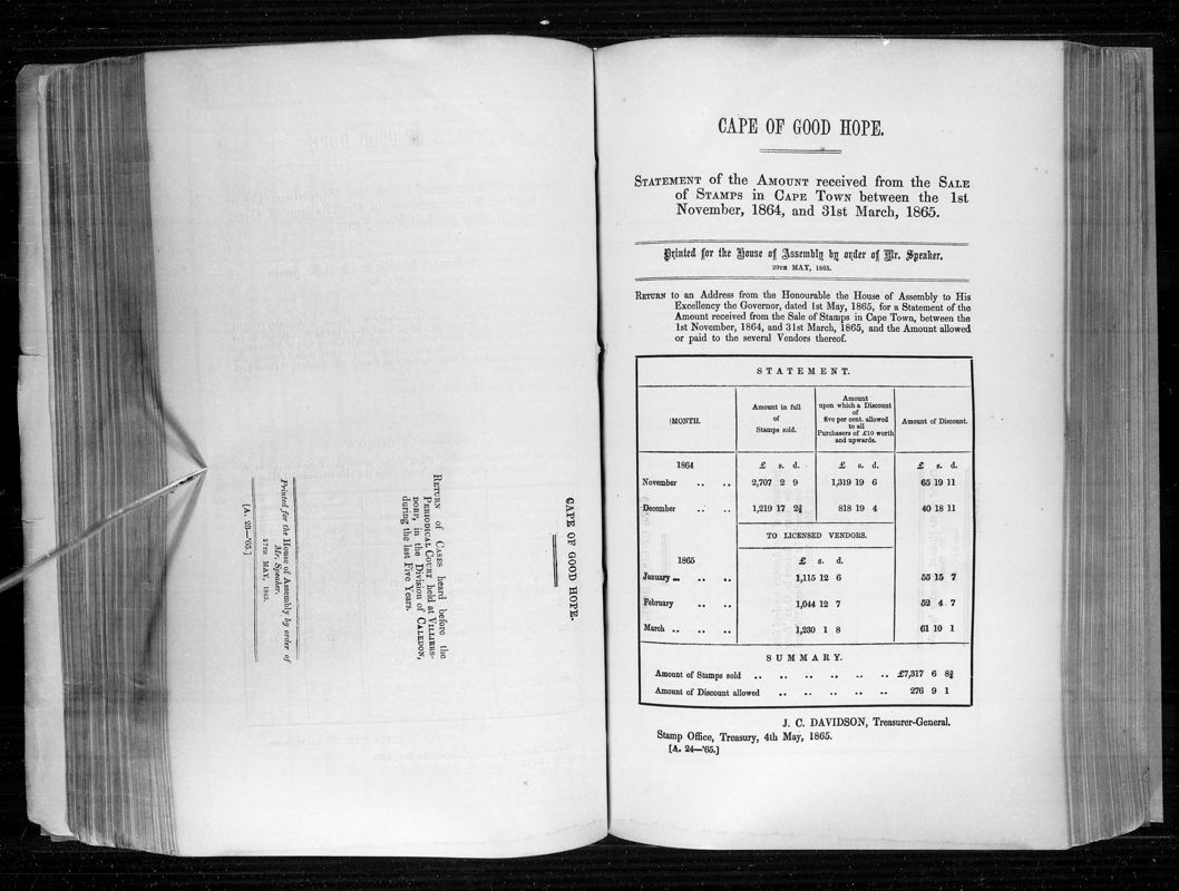 View document: Statement of The Amount Received From The Sale of Stamps in Cape Town, 1864 to 1865.
