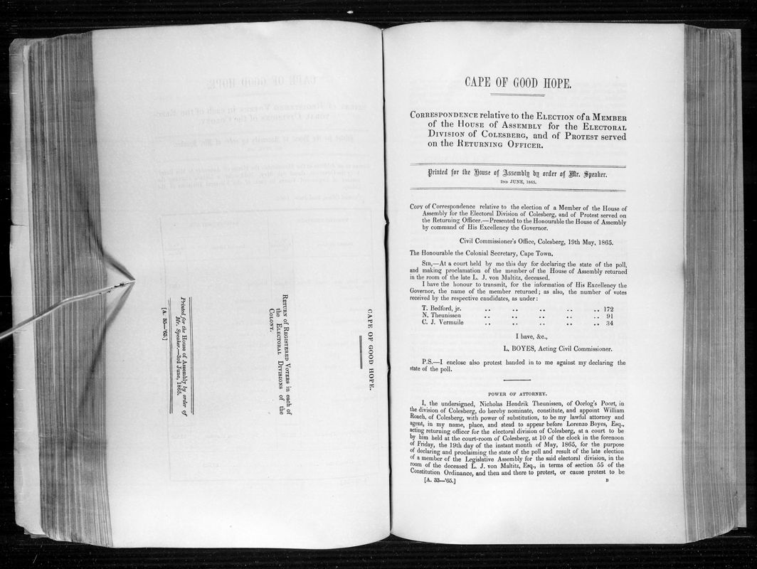 View document: Correspondence Relative To The Election For The Electoral Division of Colesberg, 1865.