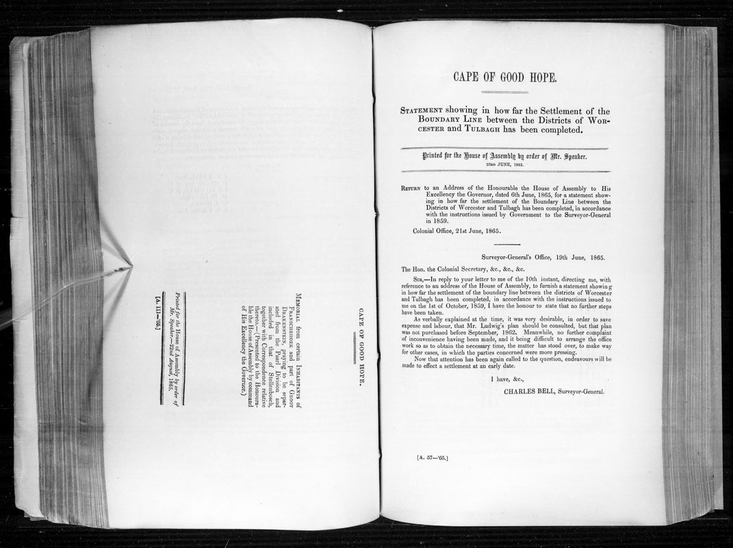 View document: Settlement of The Boundary Line Between The Districts of Worcester and Tulbagh, 1865.