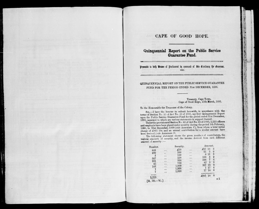 View document: Quinquennial Report on The Public Service Guarantee Fund, 1891.