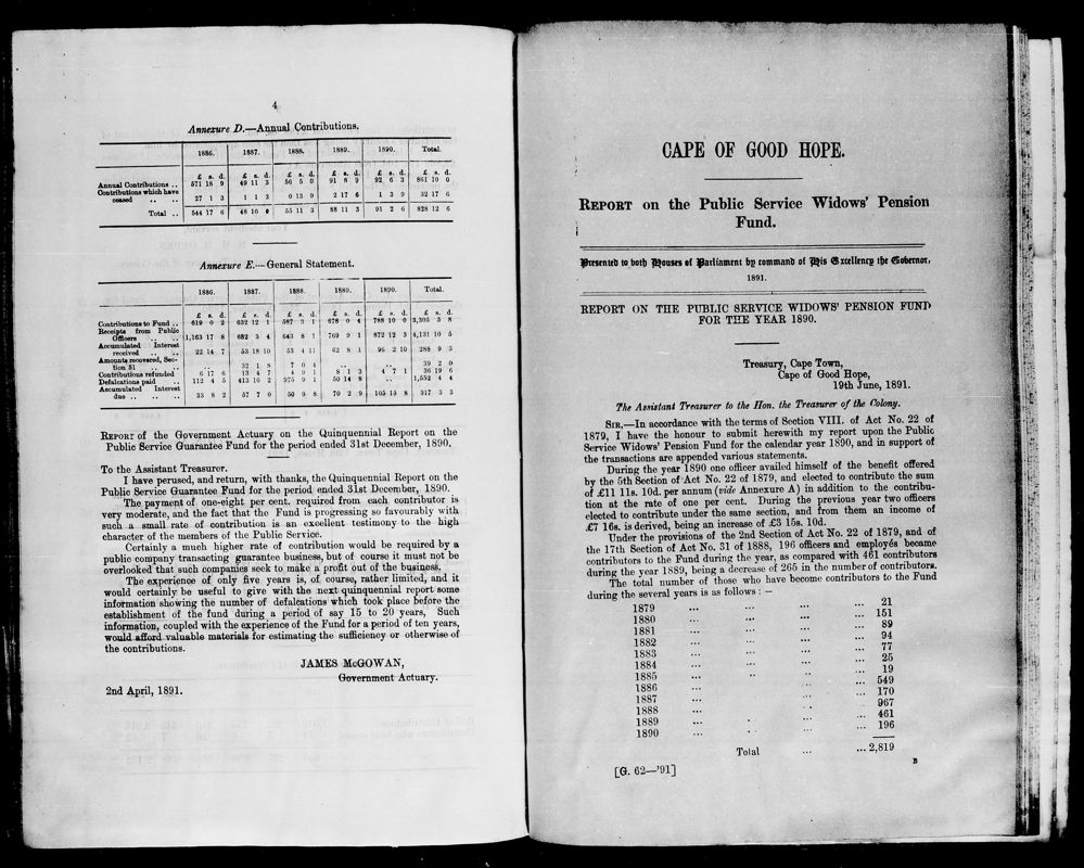 View document: Report on The Public Service Widows' Pension Fund, 1891.