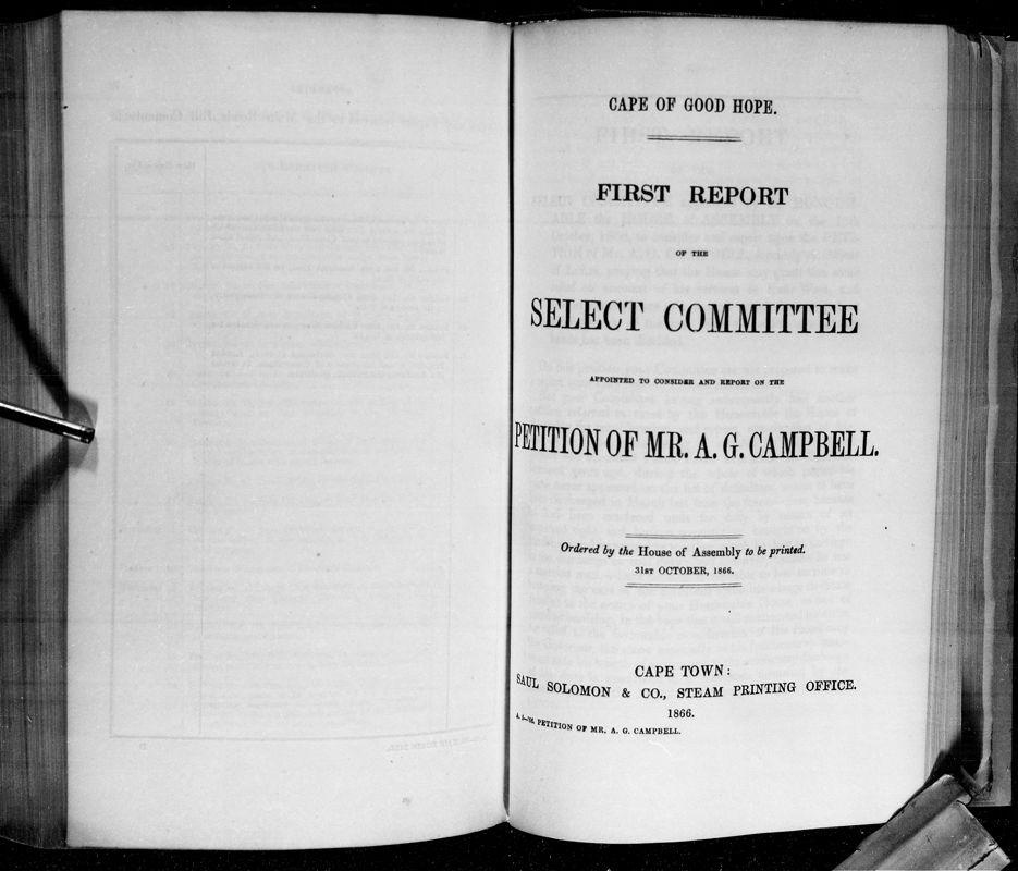 View document: Report of The Select Committee on The Petition of Mr. A. G. Campbell, 1866.