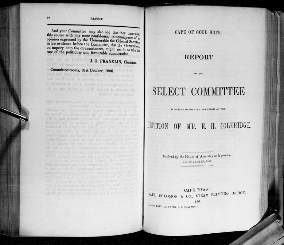 View document: Report of The Select Committee on The Petitions of Mr. E. H. Coleridge, 1866.