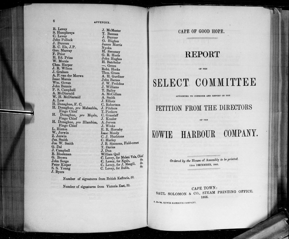 View document: Report of The Select Committee on The Kowie Harbour Company, 1866.