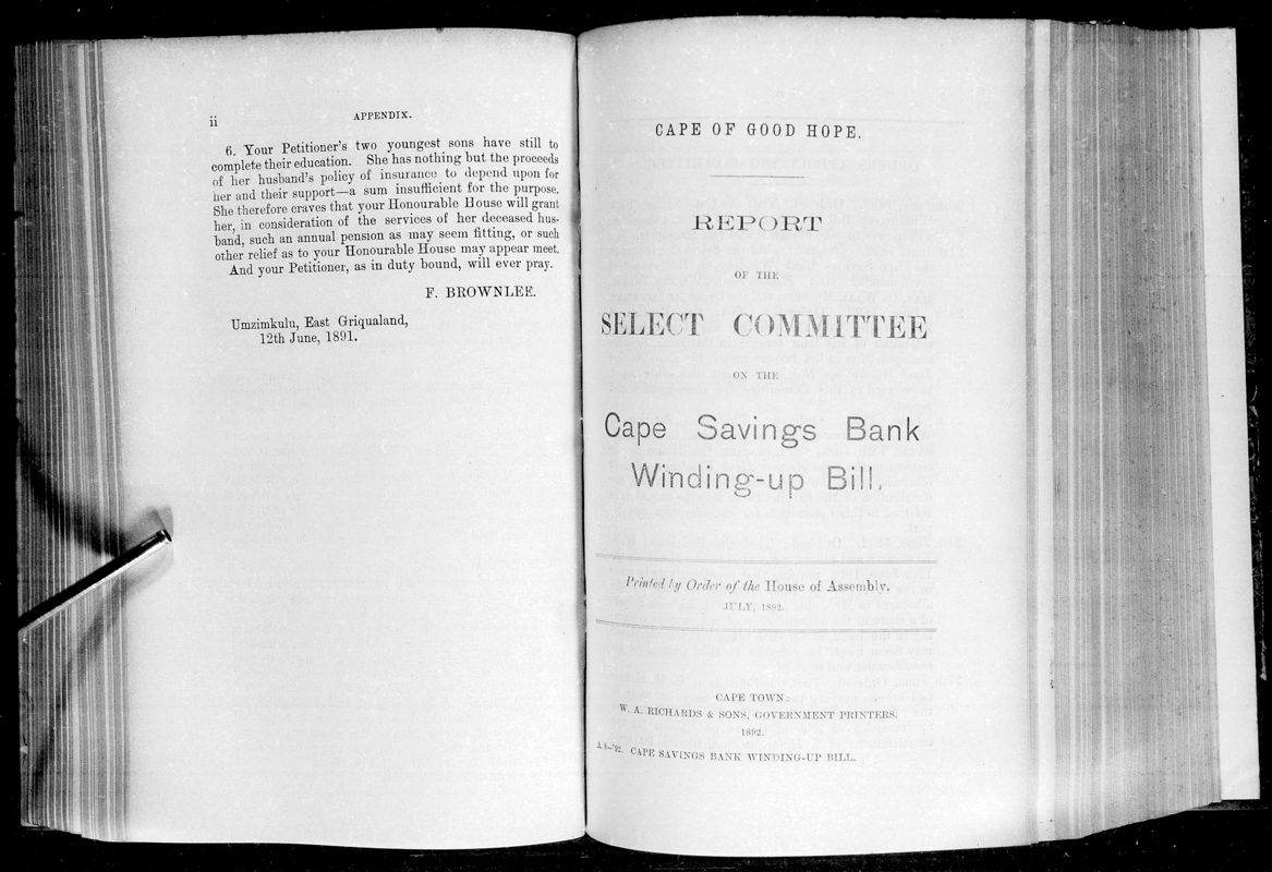 View document: Report of The Select Committee on The Cape Savings Bank Winding-Up Bill, 1892.