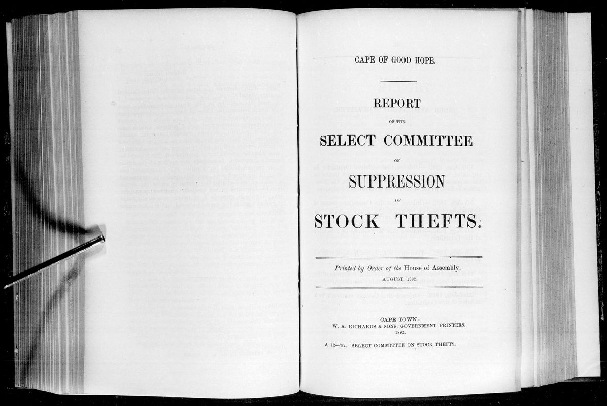 View document: Report of The Select Committee on Suppression of Stock Thefts, 1892.