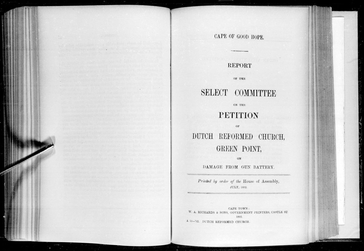 View document: Report of The Select Committee on The Petition of Dutch Reformed Church Green Point, 1892.