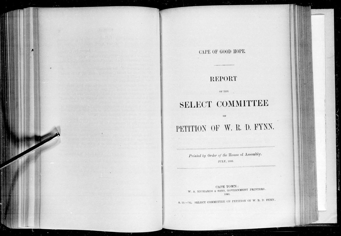 View document: Report of The Select Committee on The Petition of W. R. D. Fynn, 1892.