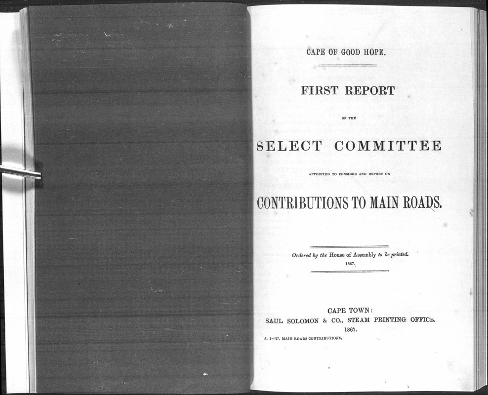 View document: Report of The Select Committee On The Contributions to Main Roads, 1867.