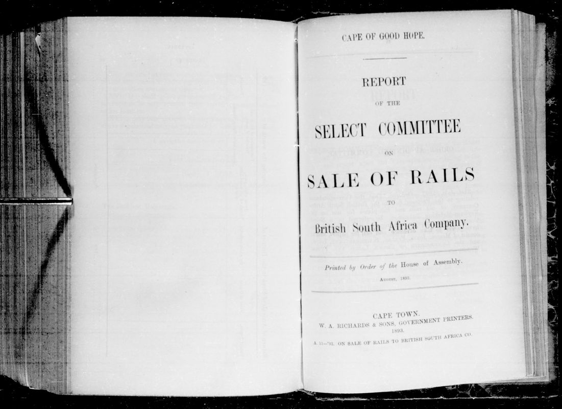 View document: Report of The Select Committee on The Sale of Rails To British South Africa Company, 1893.