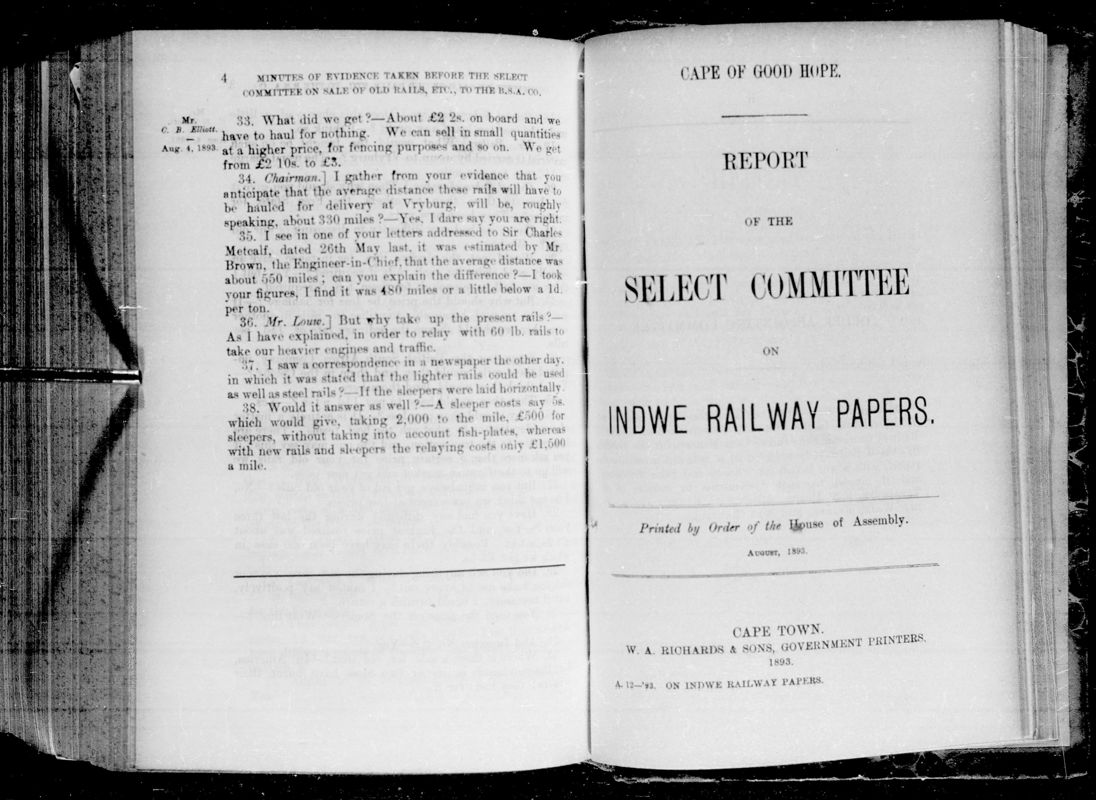 View document: Report of The Select Committee on The Indwe Railway Papers, 1893.