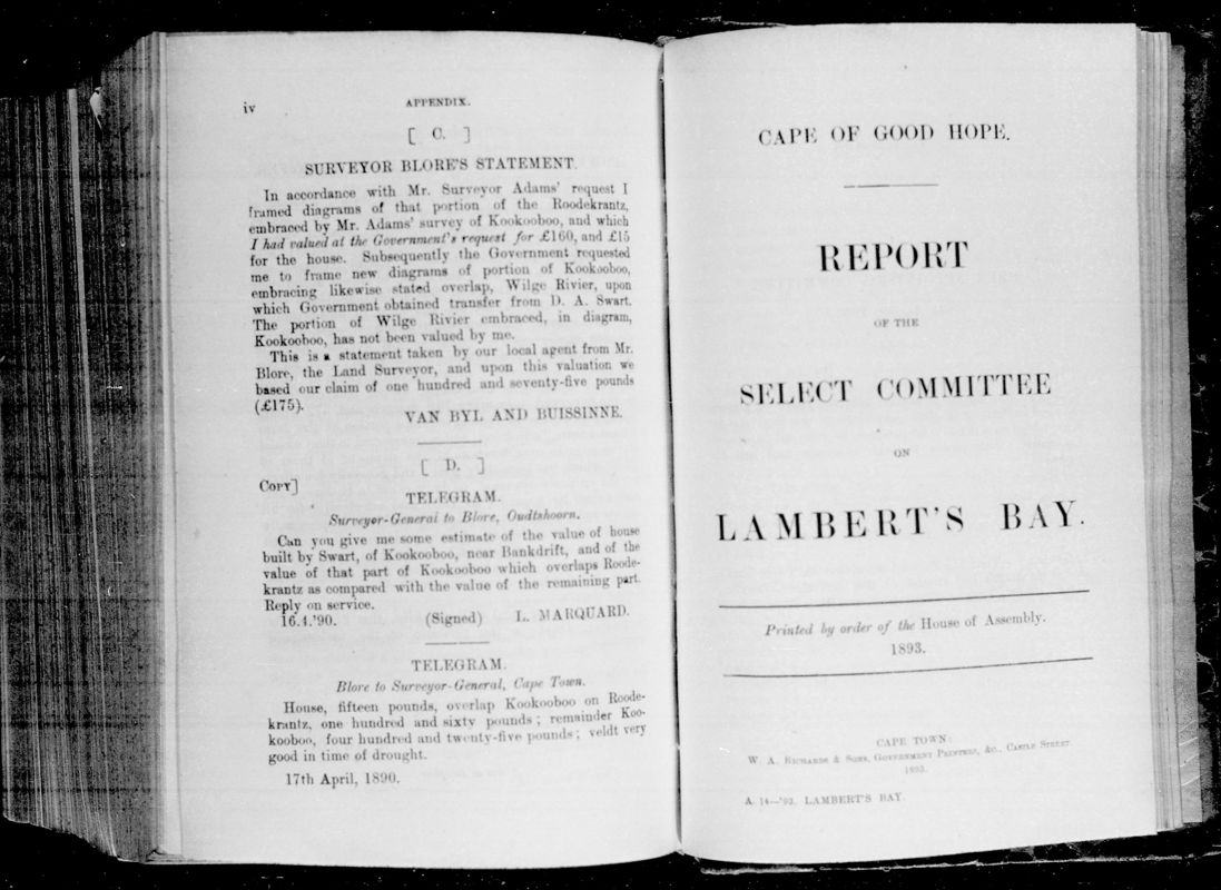 View document: Report of The Select Committee on Lambert's Bay, 1893.