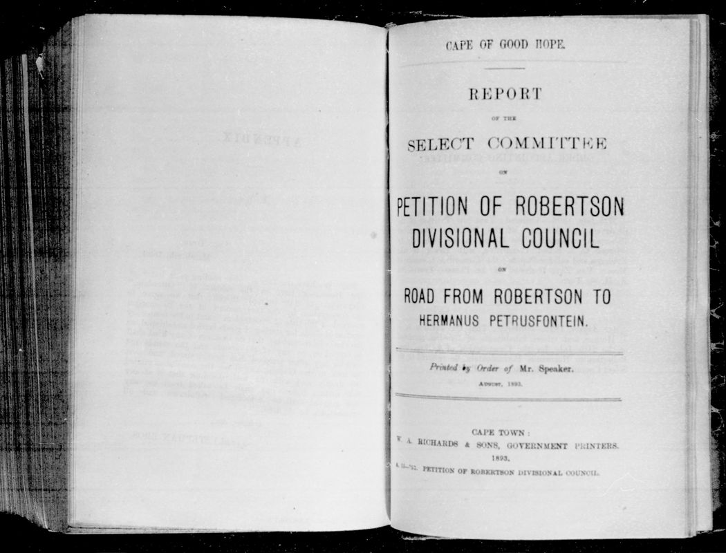 View document: Report of The Select Committee on The Petition of Robertson Divisional Council, 1893.