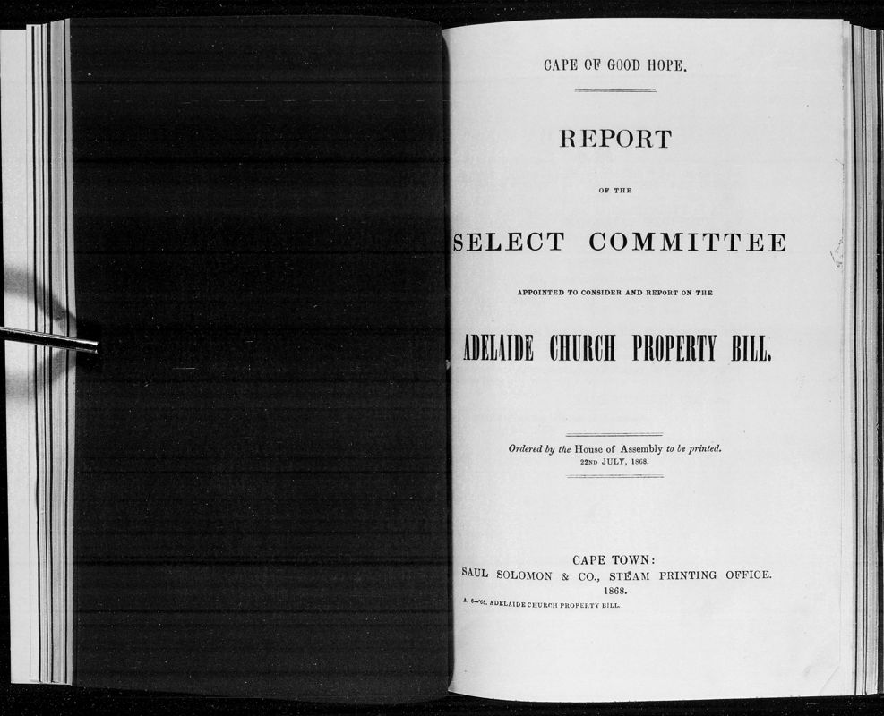 View document: Report of The Select Committee on The Adelaide Church Property Bill, 1868.