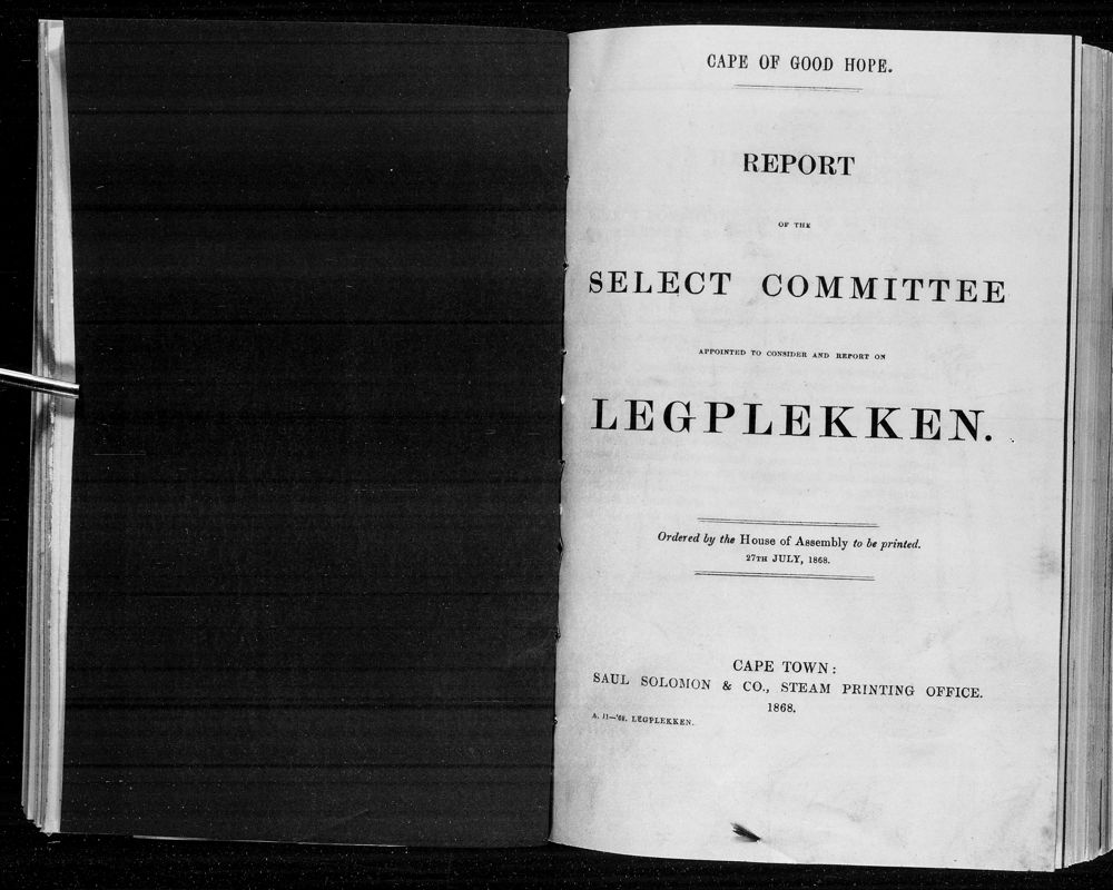 View document: Report of The Select Committee on Legplekken, 1868.
