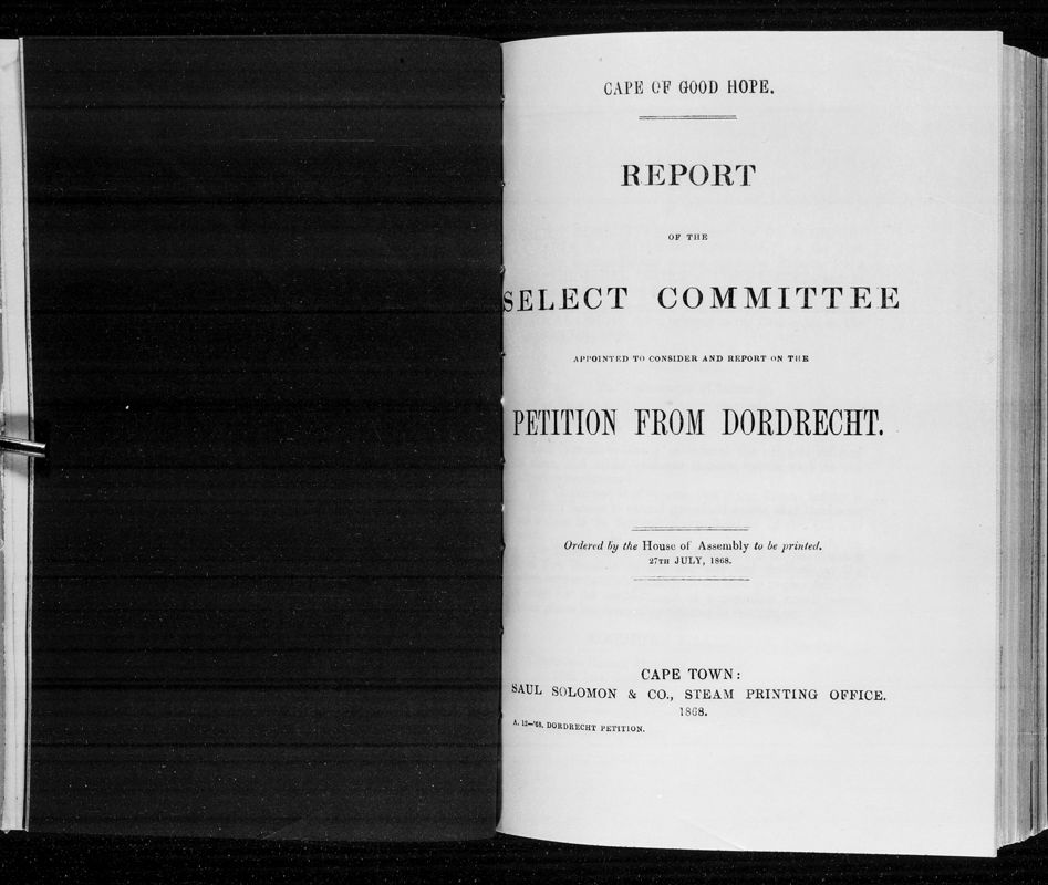 View document: Report of The Select Committee on The Petition From Dordrecht, 1868.