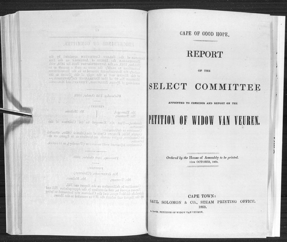 View document: Report of The Select Committee on The Petition Widow Van Veuren, 1869.