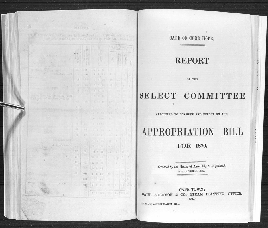 View document: Report of The Select Committee on The Appropriation Bill For 1870.