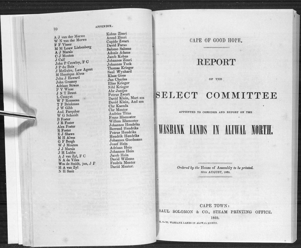 View document: Report of The Select Committee on The Wasbank Lands in Aliwal North, 1869.