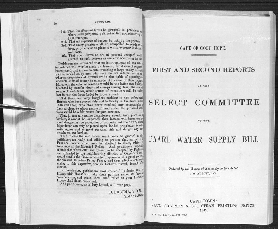 View document: Report of The Select Committee on The Paarl Water Supply Bill, 1869.