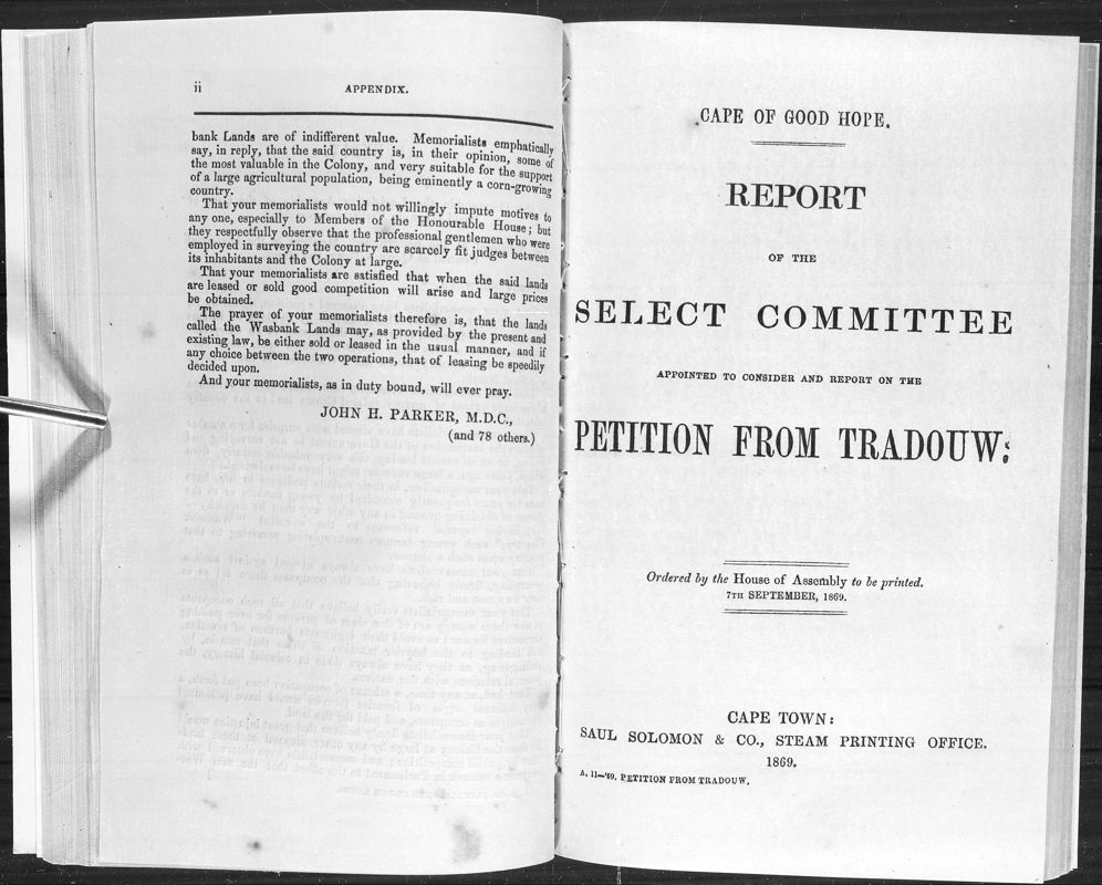 View document: Report of The Select Committee on The Petition From Tradouw, 1869.