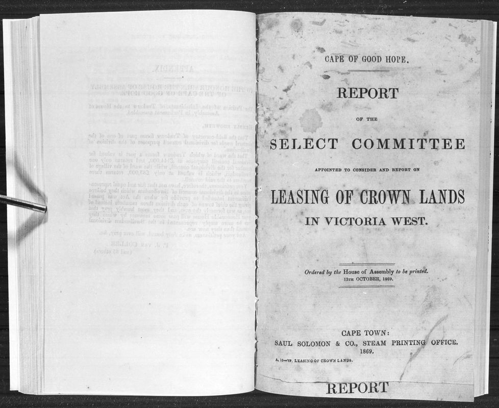 View document: Report of The Select Committee on Leasing of Crown Lands in Victoria West, 1869.