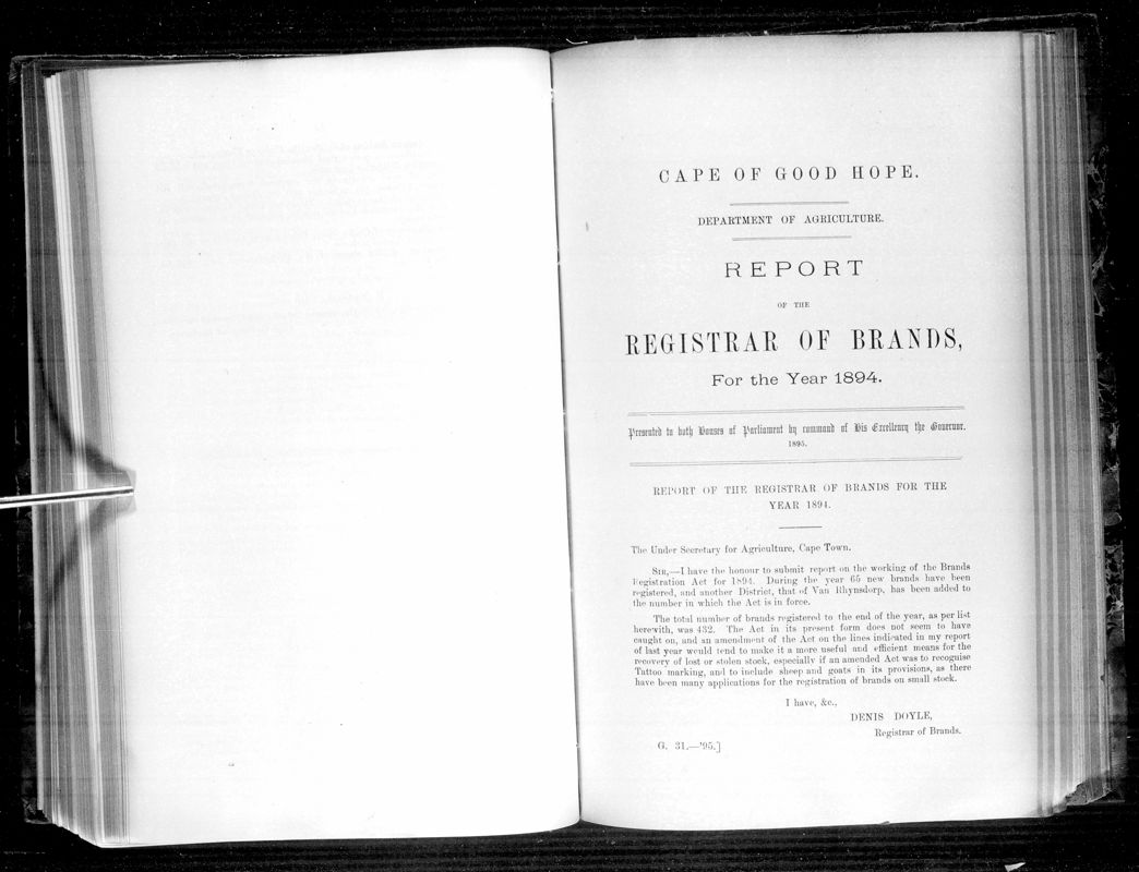 View document: Report of The Registrar of Brands For The Year 1894.