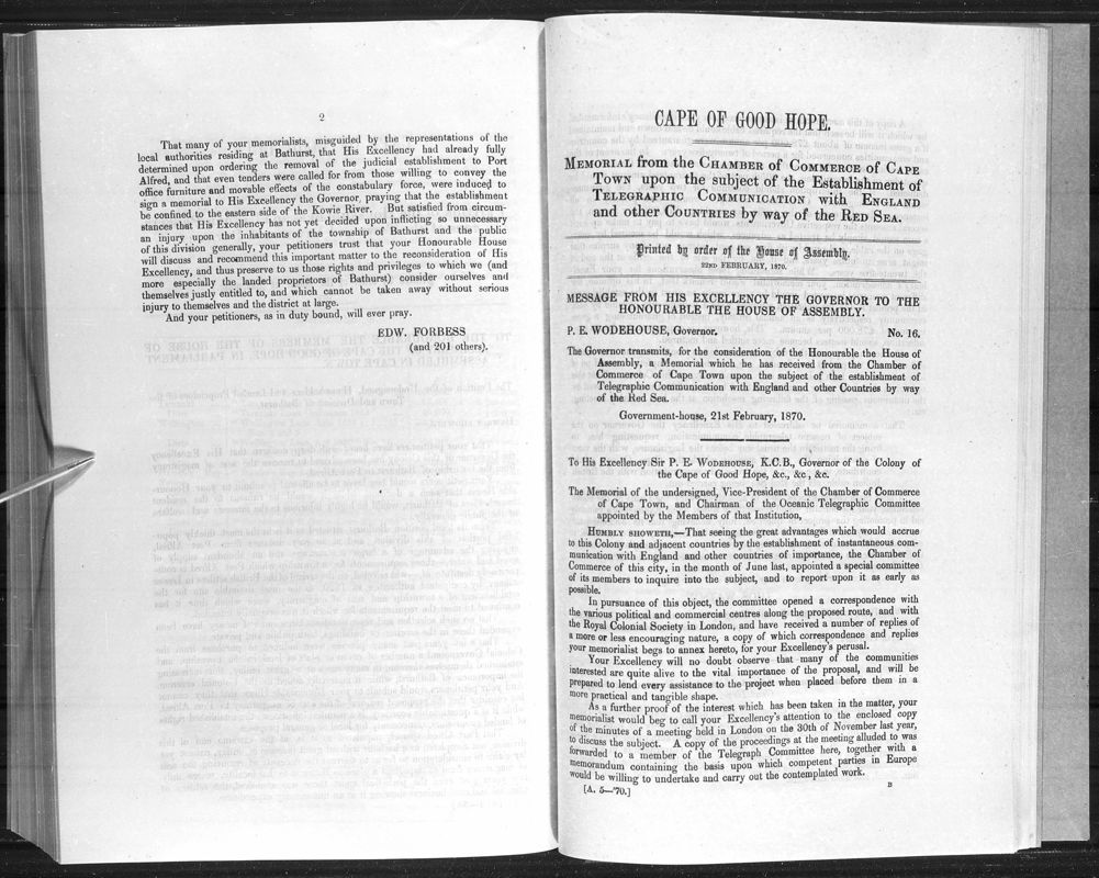 View document: Memorial From The Chamber of Commerce of Cape Town, 1870.