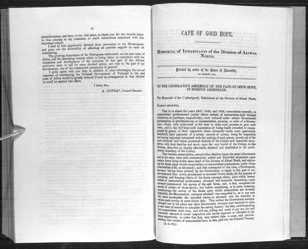 View document: Memorial of Inhabitants of The Division of Aliwal North, 1870.