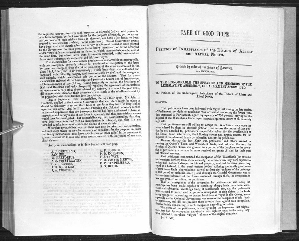 View document: Petition of The Inhabitants of The District of Albert and Aliwal North, 1870.