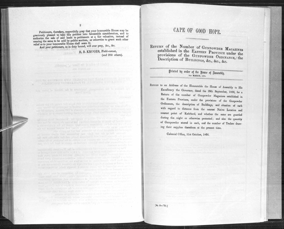 View document: Return of The Number of Gunpowder Magazines Established in The Eastern Province, 1870.
