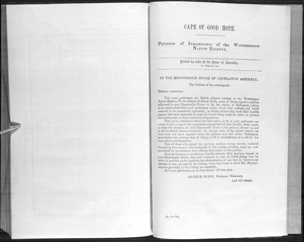View document: Petition of Inhabitants of The Wittebergen Native Reserve, 1870.