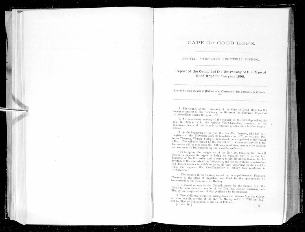 View document: Report of The Council of The University of The Cape of Good Hope For The Year 1895.