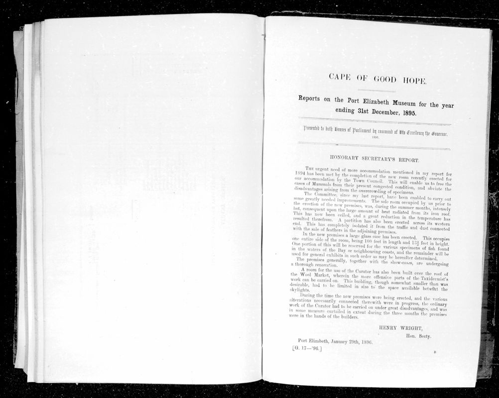 View document: Reports on The Port Elizabeth Museum For The Year Ending 31st December 1895.
