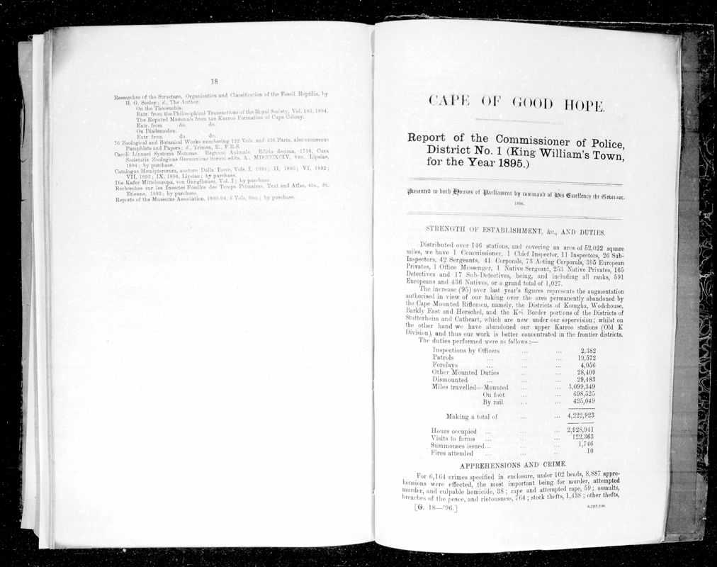 View document: Report of The Commissioner of Police, King William's Town For The Year 1895.