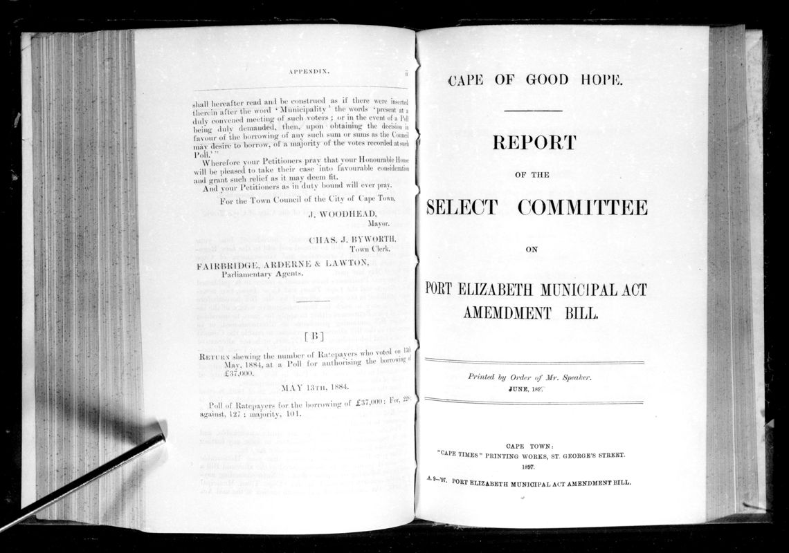 View document: Report of The Select Committee on The Port Elizabeth Municipal Act Amendment Bill.