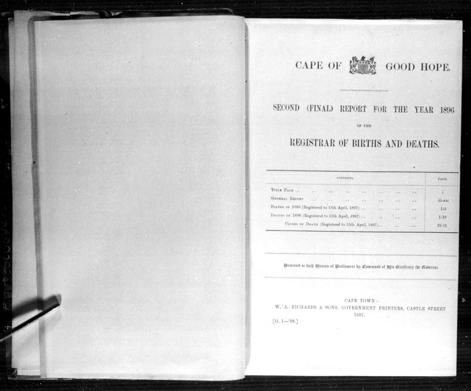 View document: Second (Final) Report For The Year 1896 of The Registrar of Births and Deaths.