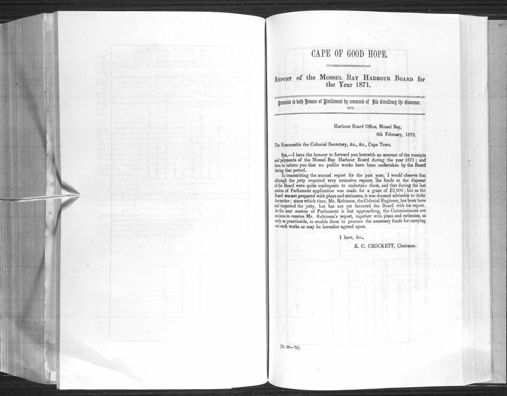 View document: Report of The Mossel Bay Harbour Board For The Year 1871.