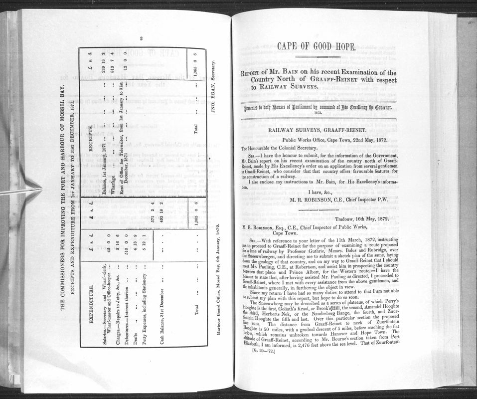 View document: Report of Mr. Bain on His Recent Examination of The Country North of Graaff-Reinet With Respect To Railway Surveys, 1872.