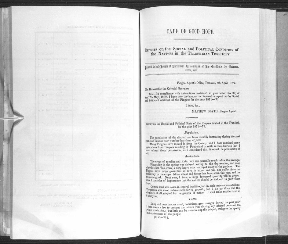 View document: Report on The Social and Political Condition of The Natives in The Transkeian Territory, 1872.