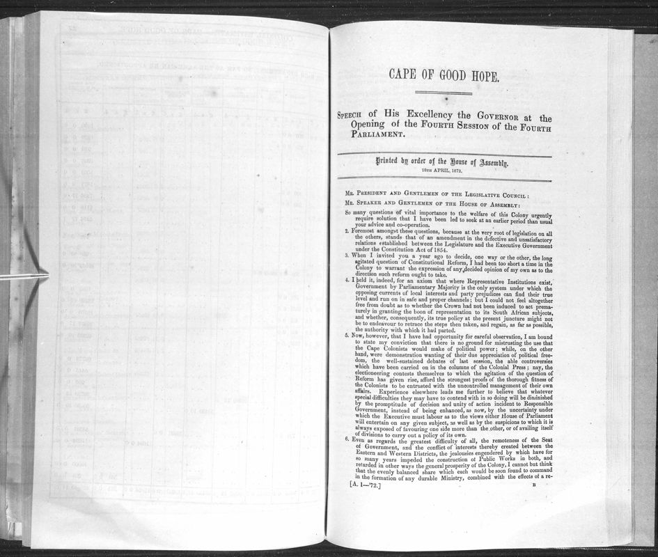 View document: Speech of His Excellency The Governor at The Opening of The Fourth Session of The Fourth Parliament, 1872.