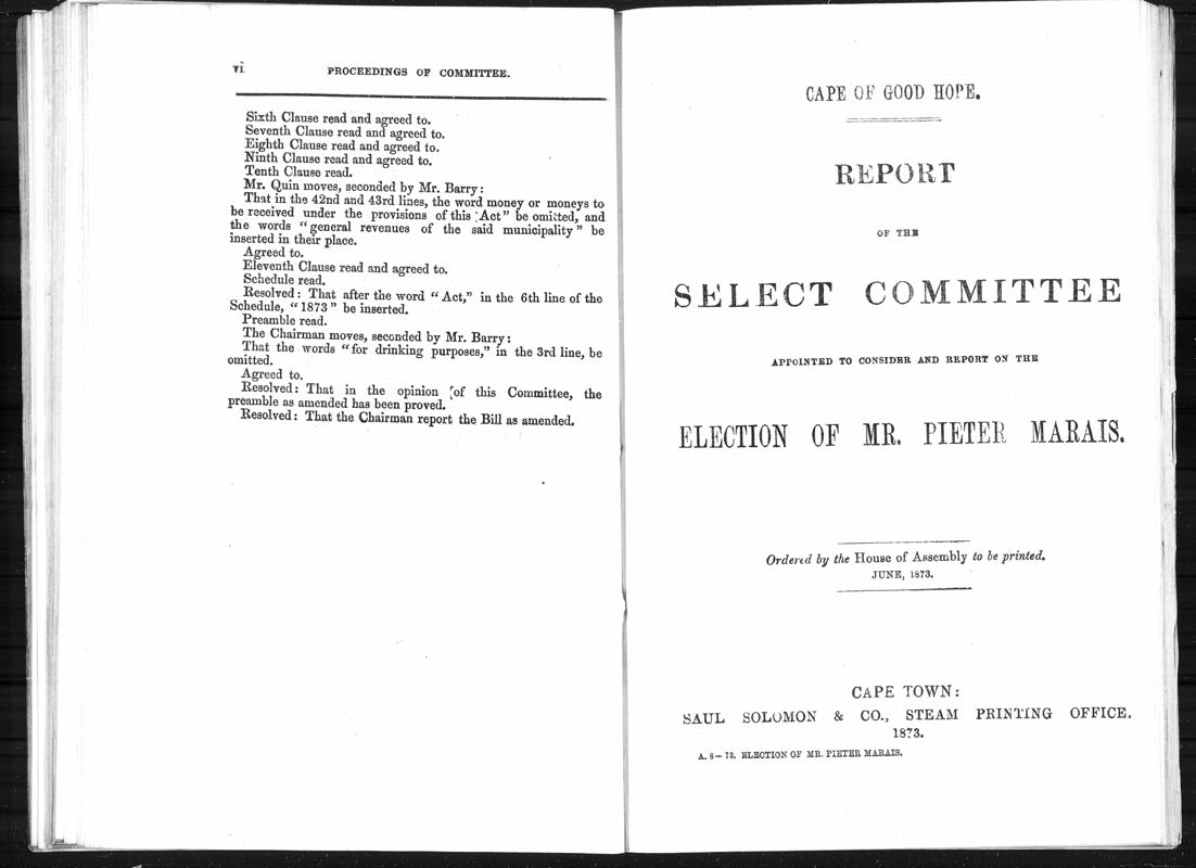 View document: Report of The Select Committee on The Election of Mr. Pieter Marais, 1873.