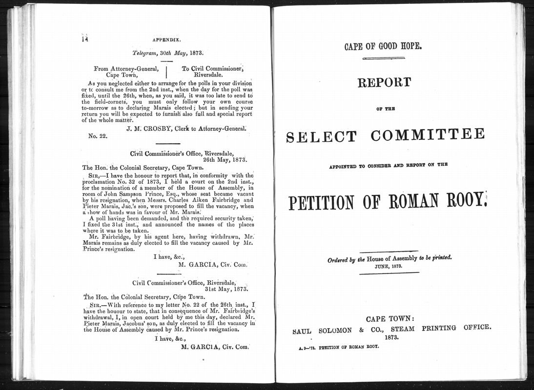 View document: Report of the Select Committee on the Petition of Roman Rooy, 1873.