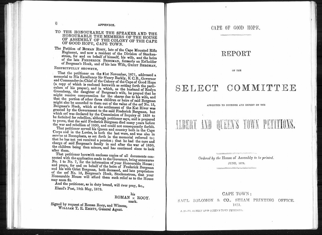 View document: Report of the Select Committee on the Albert and Queen's Town Petitions, 1873.