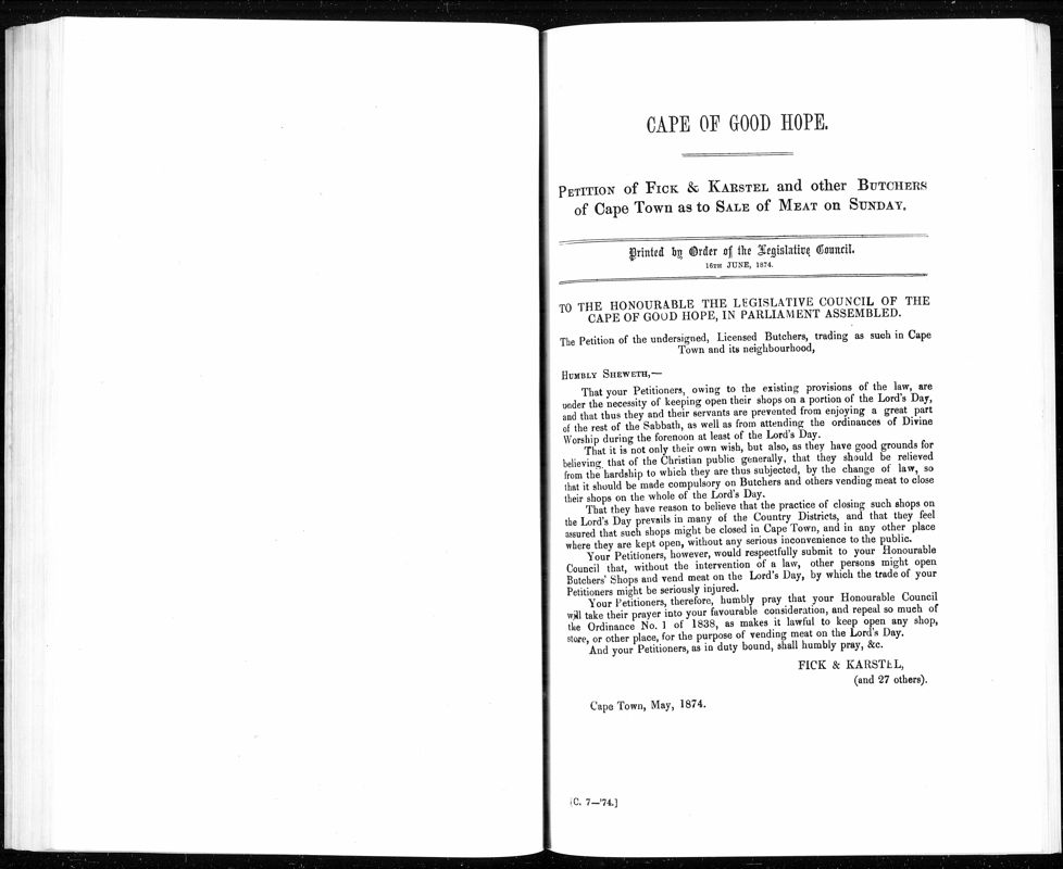 View document: Petition of Fick & Karstel and Other Butchers of Cape Town, 1874.