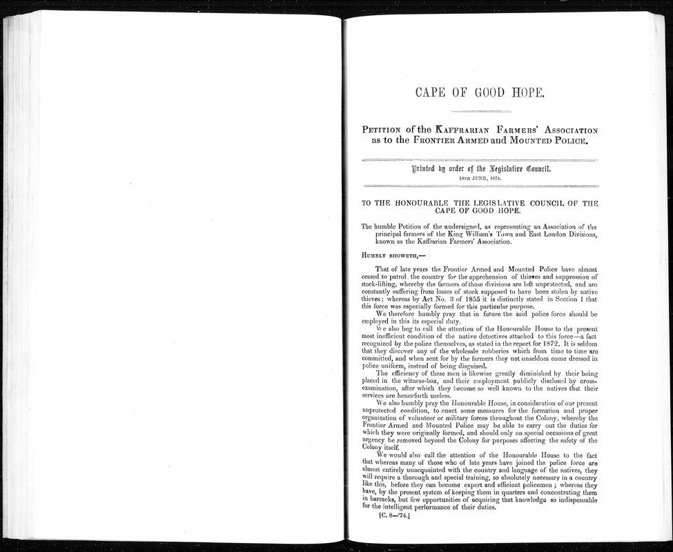 View document: Petition of The Kaffrarian Farmers' Association, 1874.